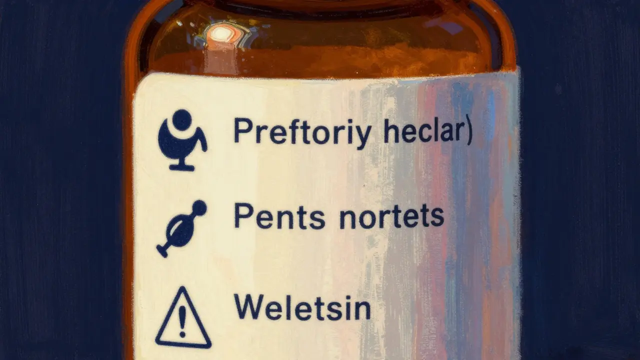 Close-up of medication label with symbolic safety icons