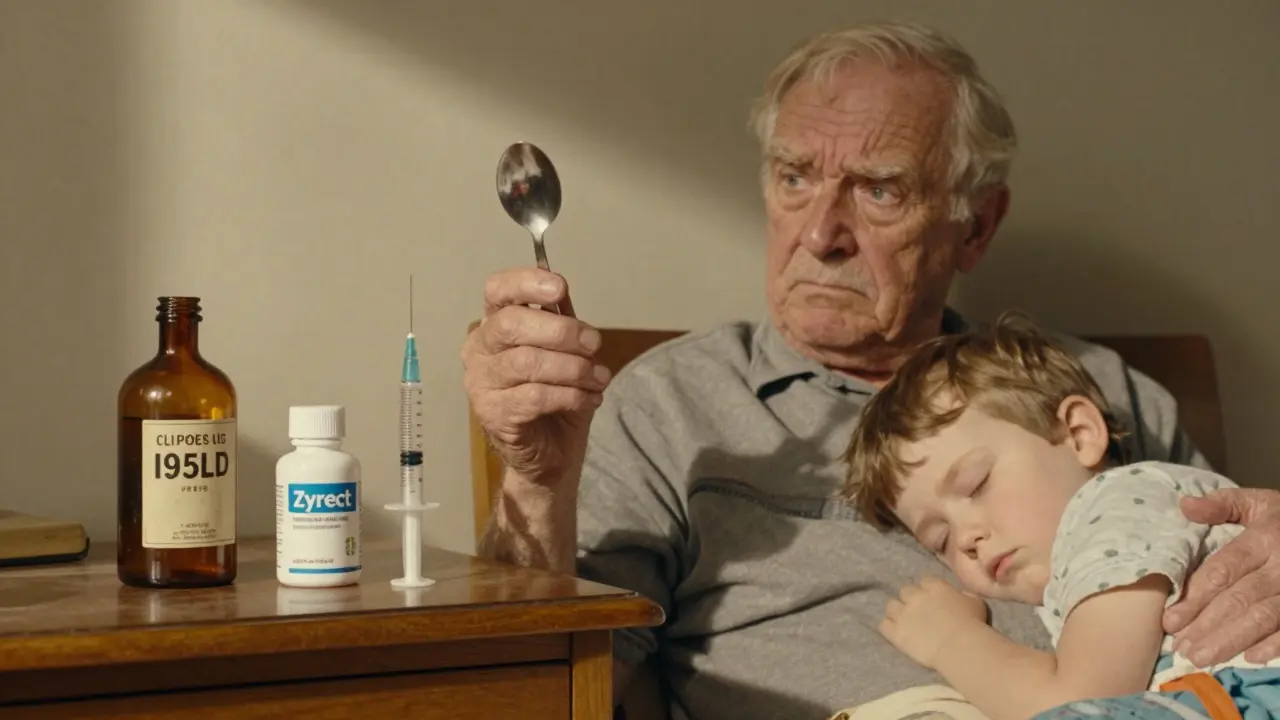Grandfather comparing a kitchen spoon to a medicine syringe beside a child's sleeping form.