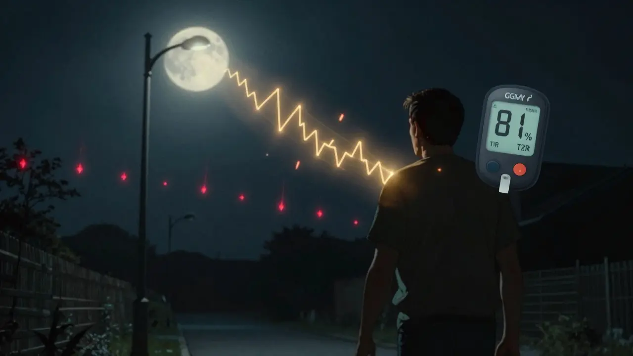 Man walking at night with glowing glucose path, past highs fading behind him.