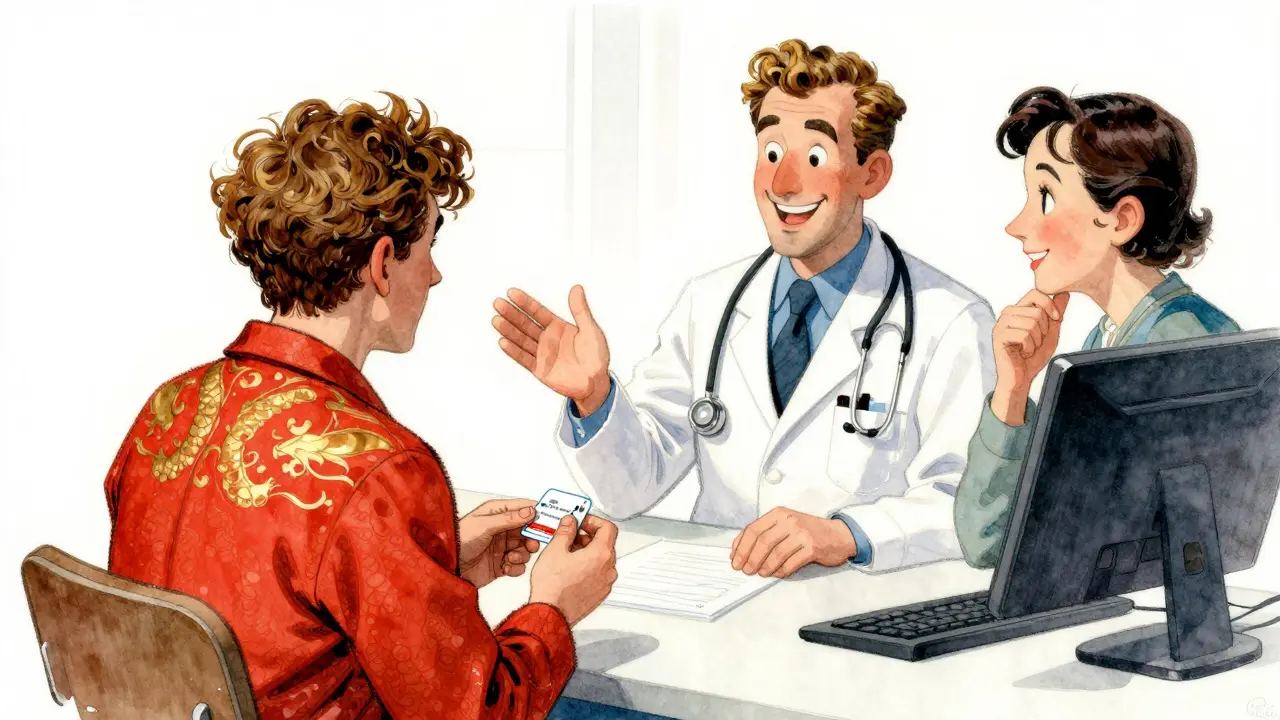 Patient explaining medicine back to doctor while interpreter watches