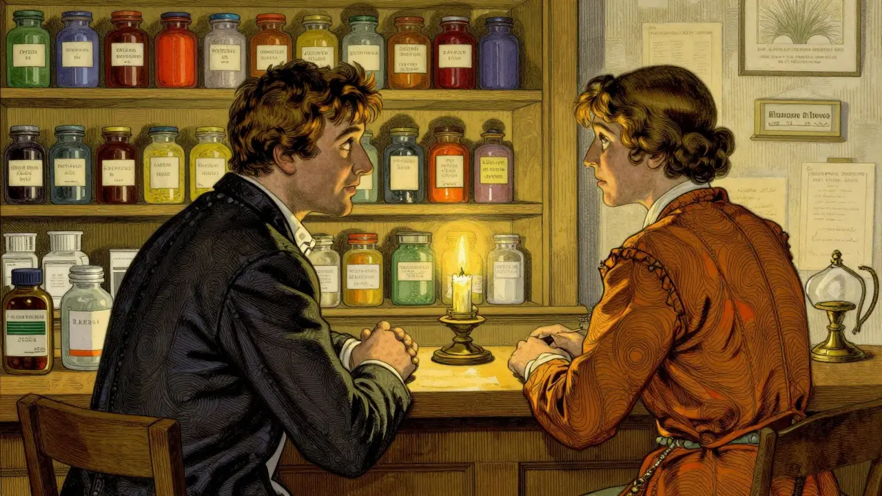 Pharmacist advising a patient at a counter