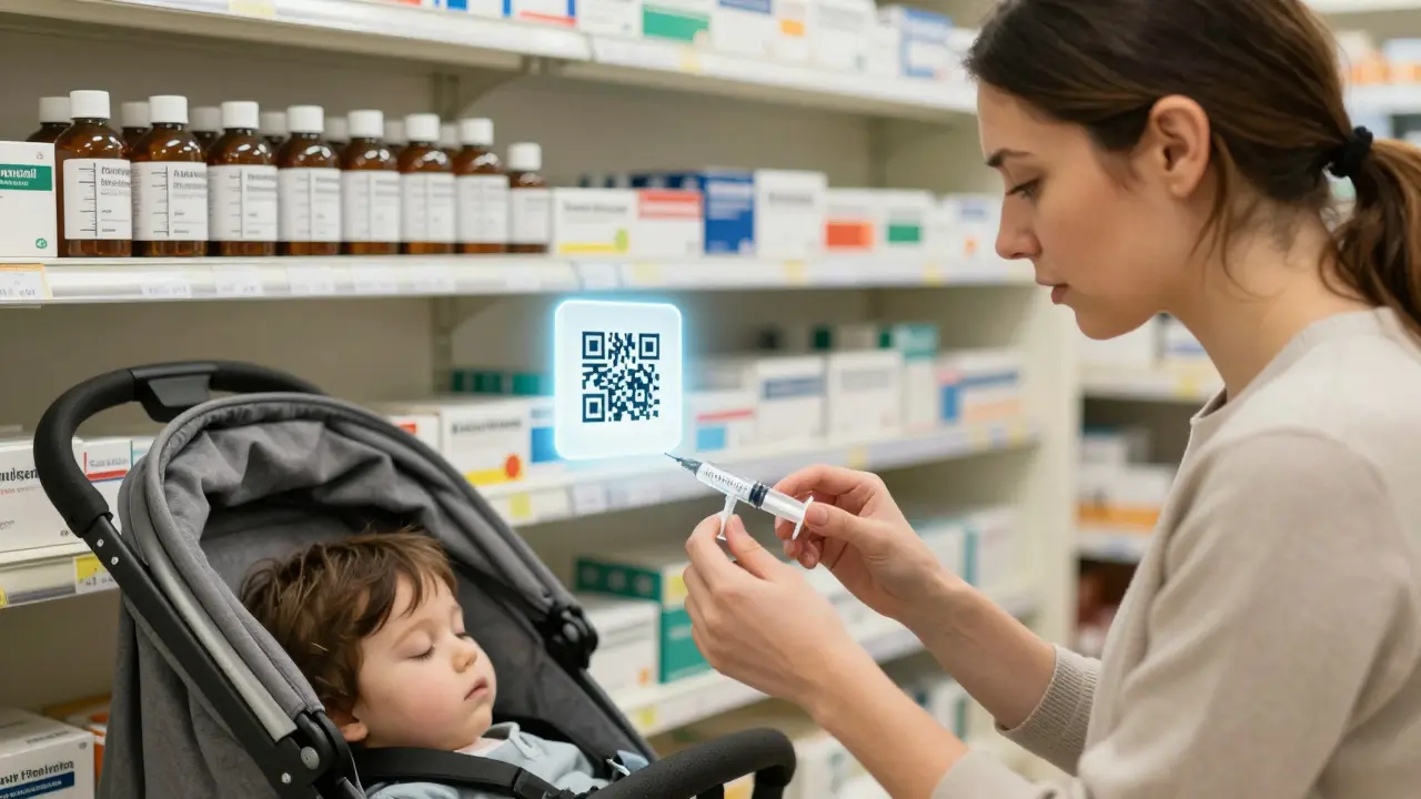 Pharmacist handing a dosing syringe to a parent at a pharmacy, with a sleeping child in a stroller.