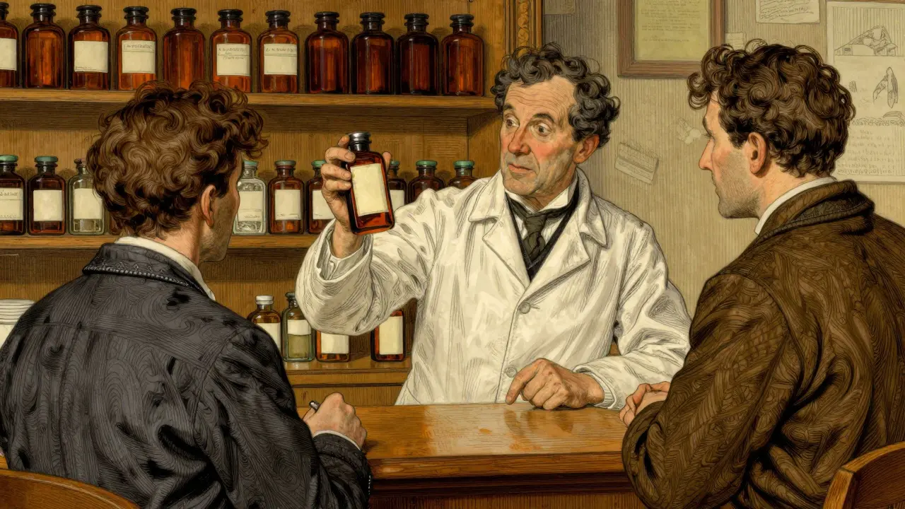 Pharmacist showing a medicine bottle to a customer at a counter.