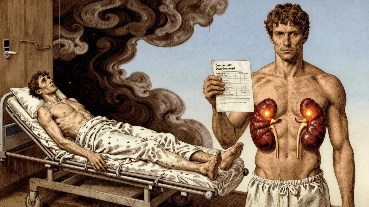 Side-by-side scene: one patient in adrenal crisis, another healthy with normal cortisol levels shown on a test report.