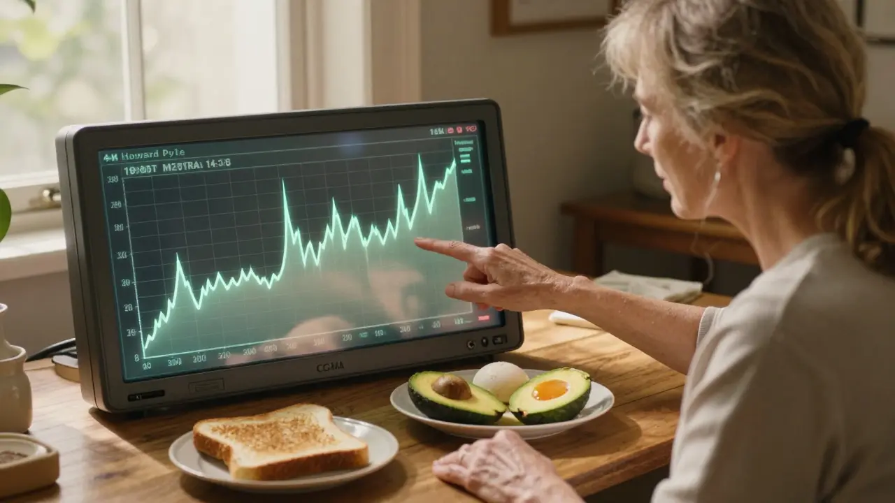Woman examining CGM graph at table, eggs and avocado beside her as breakfast revelation.