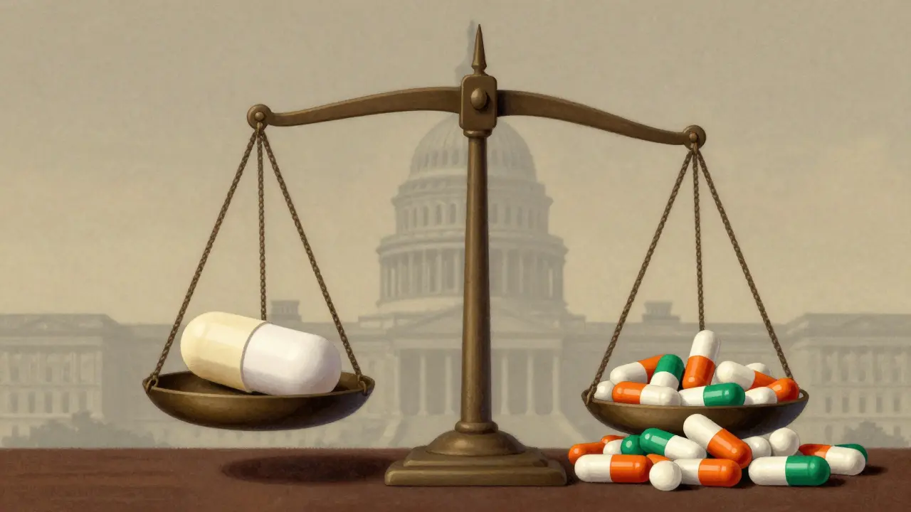 A balance scale comparing one expensive brand drug to many affordable generic pills.