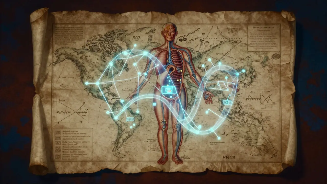 A conceptual blend of human anatomy and digital pharmacokinetic data projections.