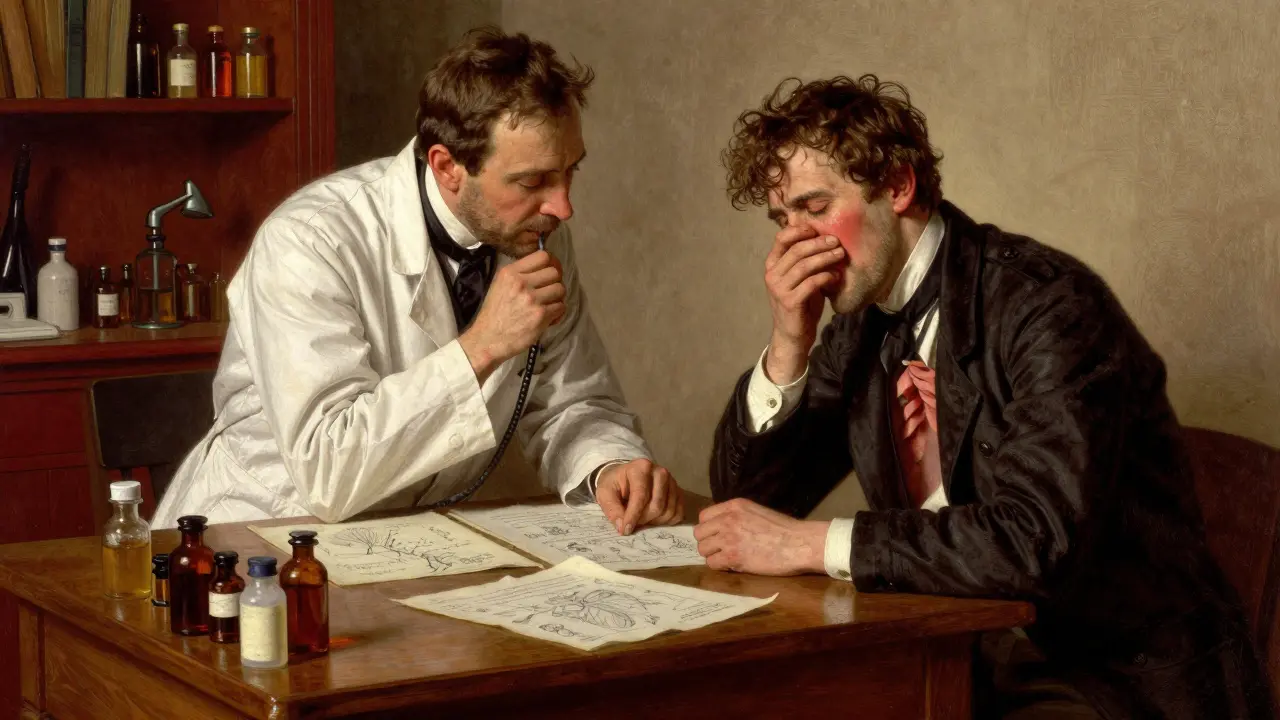 A patient in a historic clinic struggling with respiratory symptoms.