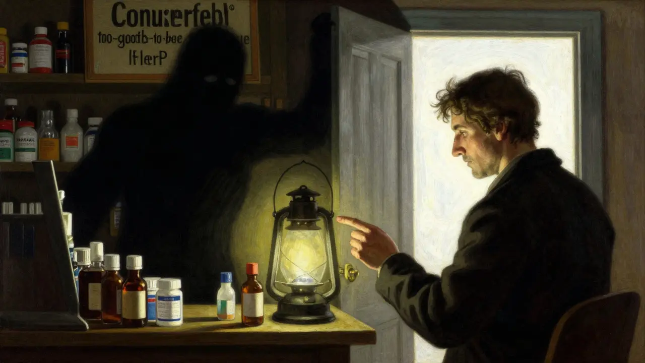 A person carefully inspecting a medicine bottle by lantern light to ensure authenticity.