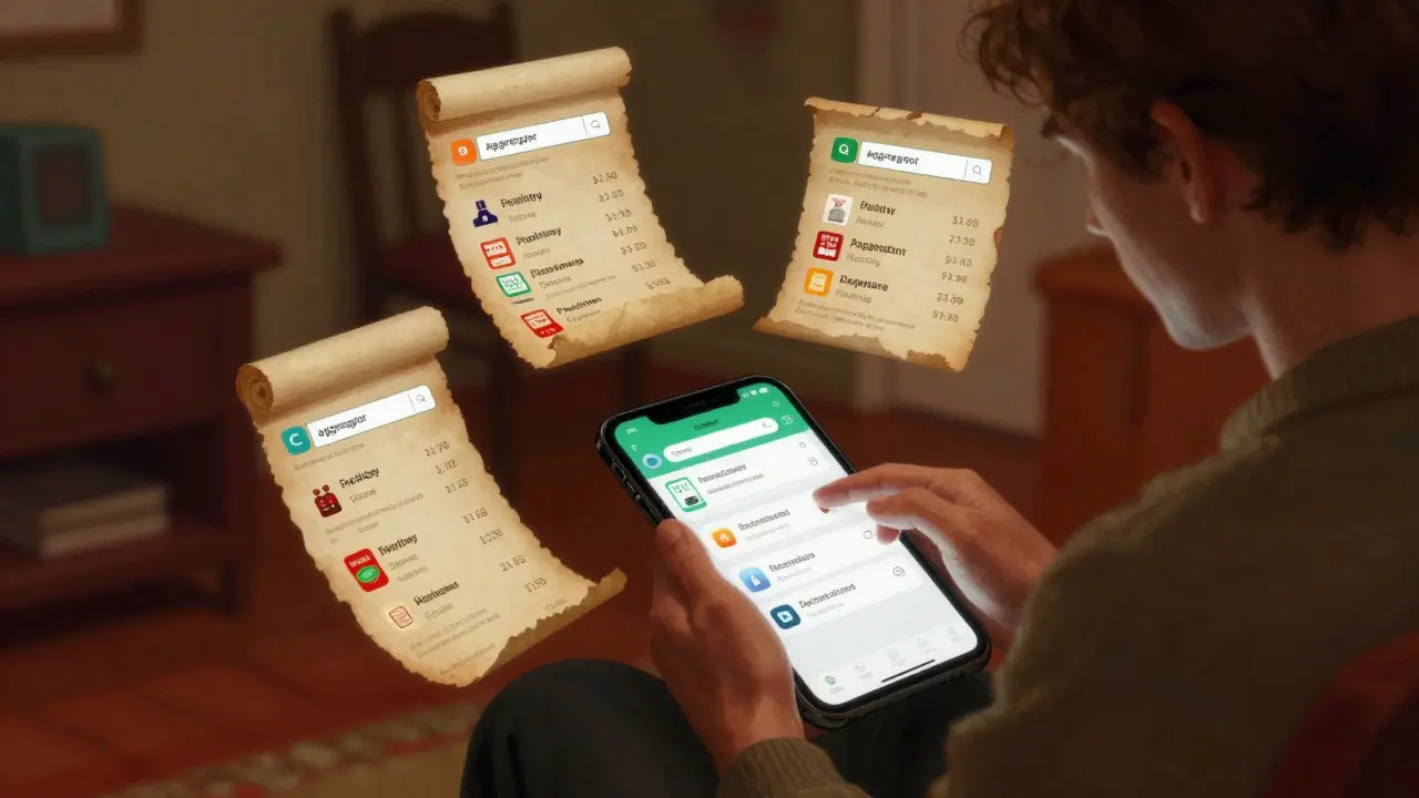 A person searching for the best medication prices using a digital device and conceptual scrolls.