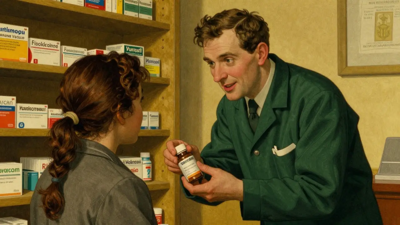 A pharmacist kindly explaining medication to a patient using a large-print label.
