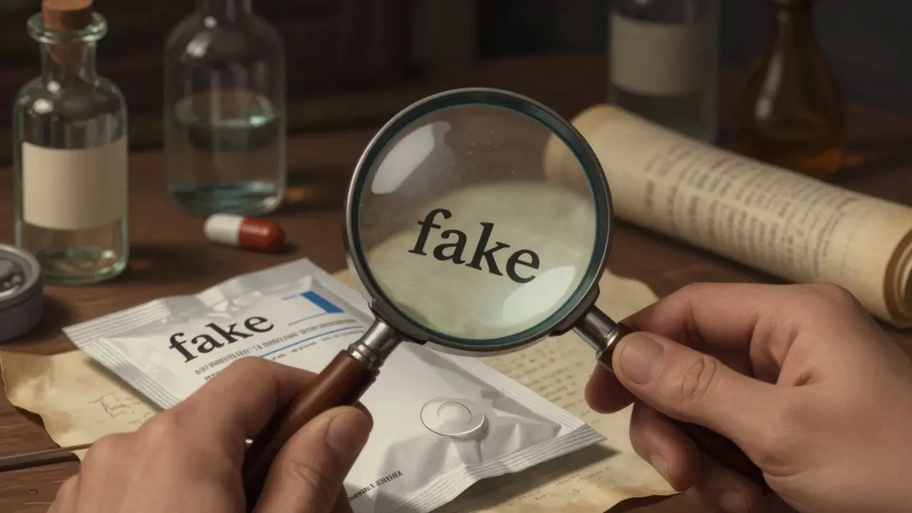 Close-up of a magnifying glass inspecting a medication package for authenticity