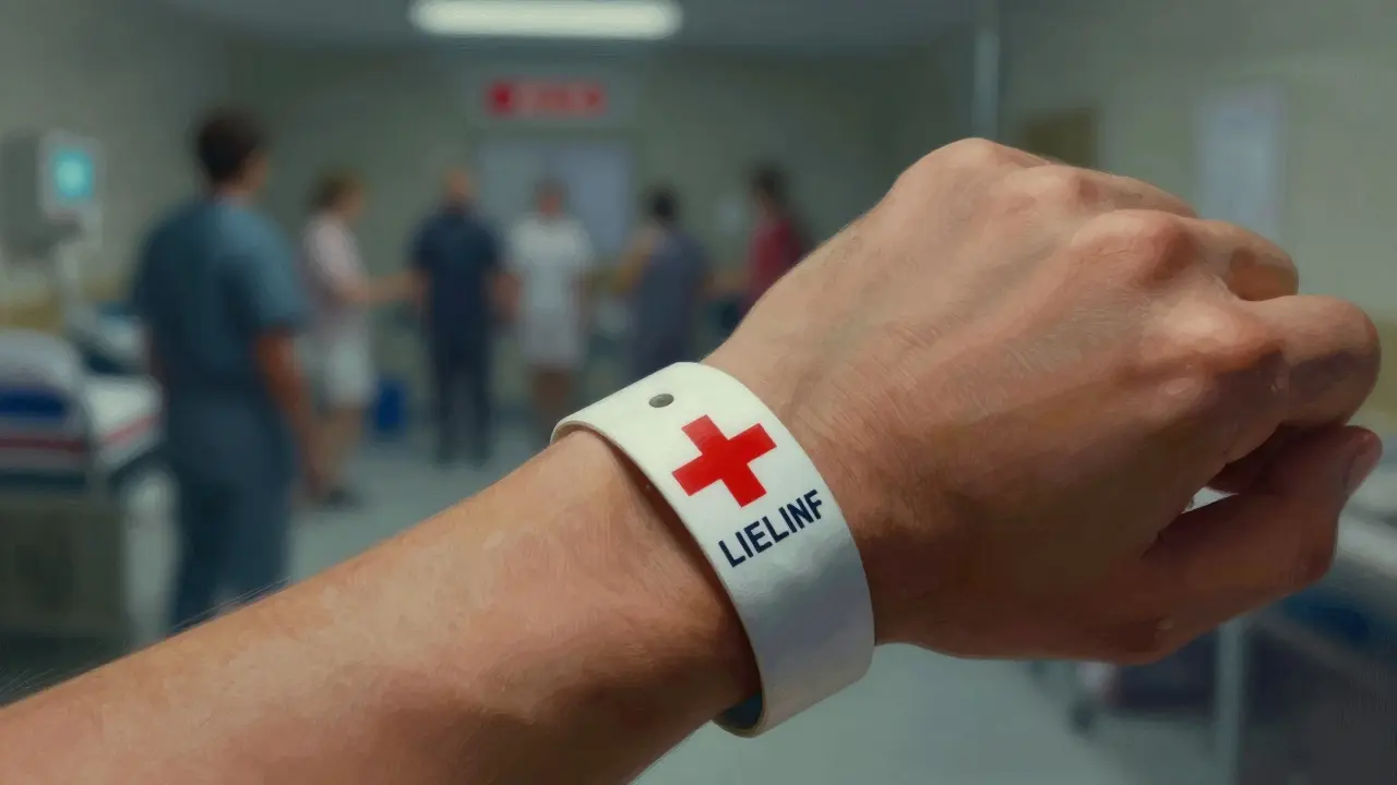 Close-up of a medical alert bracelet on a wrist in a hospital setting.