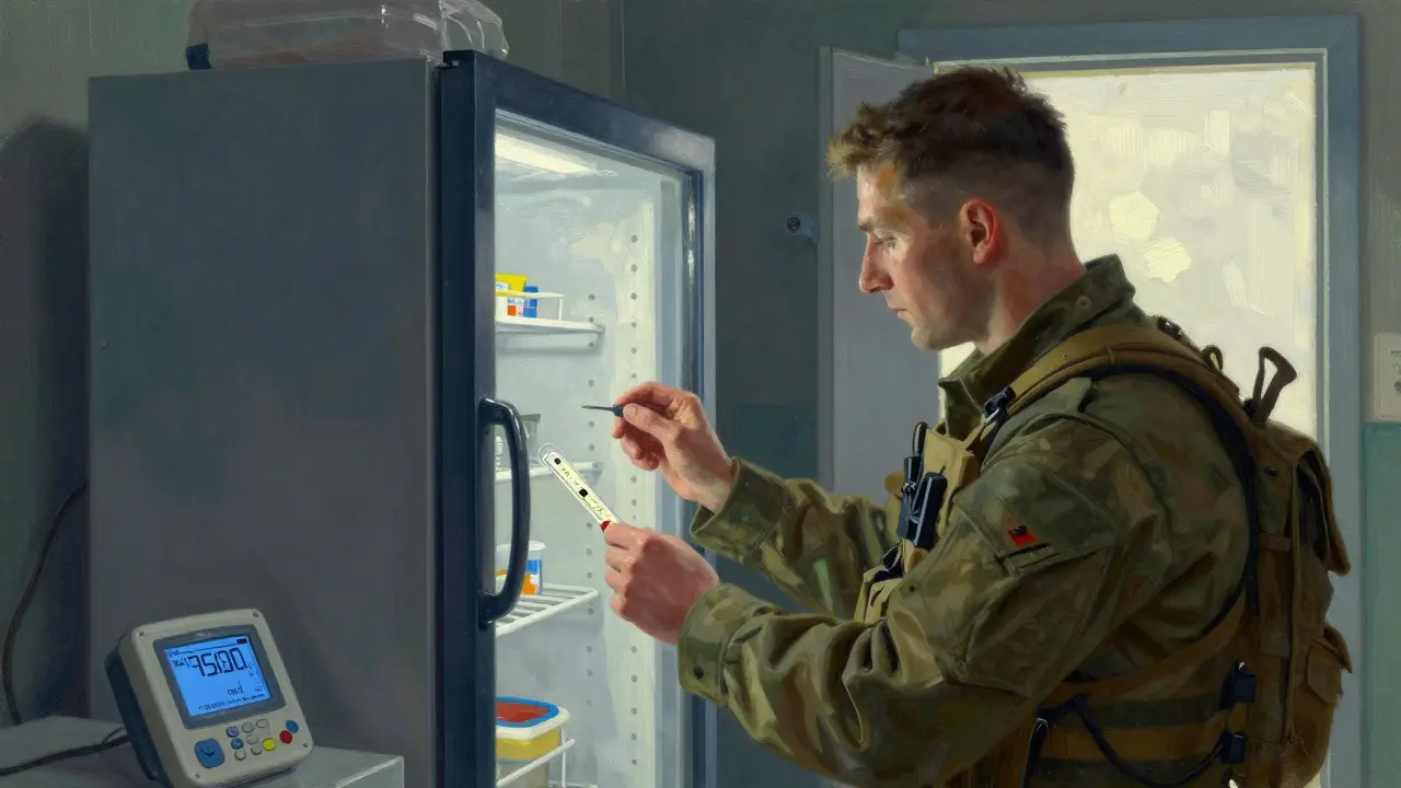 Military medic checking a temperature-controlled refrigerator and digital monitoring device.
