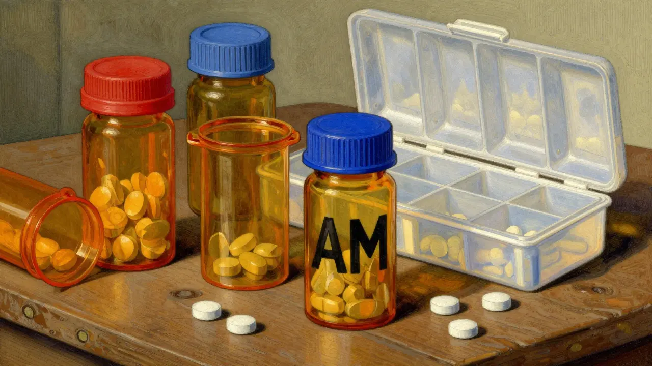 Pill bottles with rubber bands, colored caps, and large AM/PM labels on a wooden table.