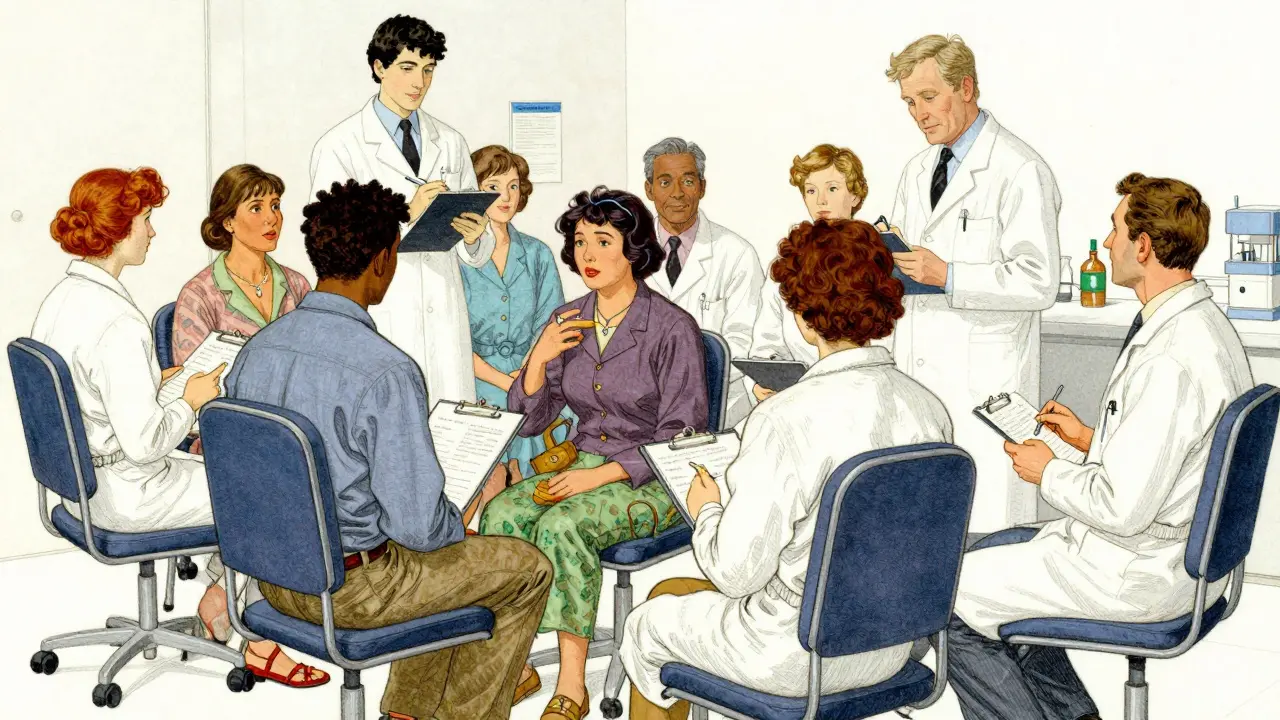 Scientists monitoring a group of human volunteers during a clinical drug trial.