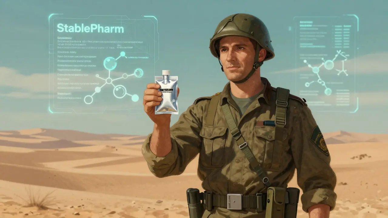 Soldier holding a stable medication pouch in the desert with futuristic AI overlays.
