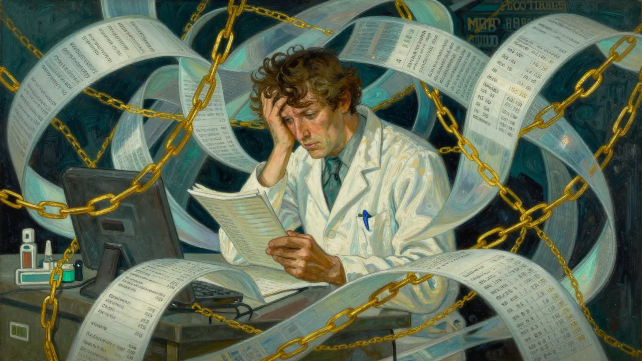 Stressed pharmacist surrounded by abstract ribbons representing complex insurance contracts.